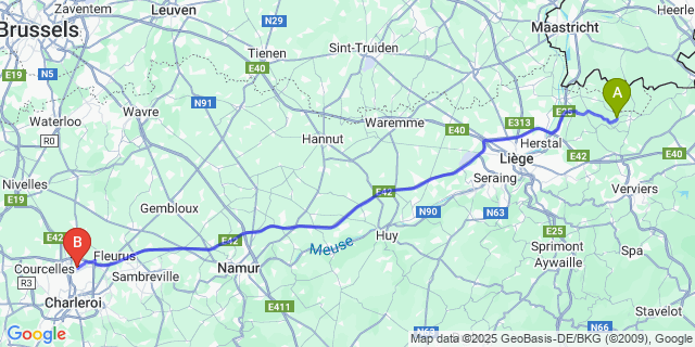 Map: Charleroi Airport Brussels South (CRL) to Val-Dieu