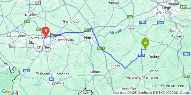 Map: Charleroi Airport Brussels South (CRL) to Vervoz