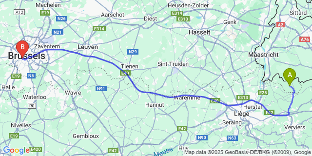 Map: Brussels Midi Train Station to Veurs