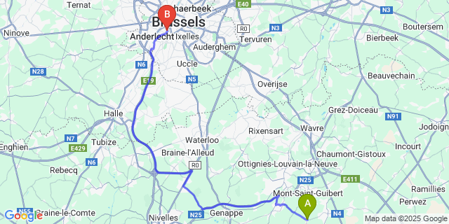 Map: Brussels Midi Train Station to Villeroux