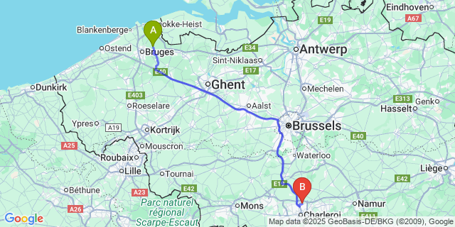 Map: Charleroi Airport Brussels South (CRL) to Vivenkapelle