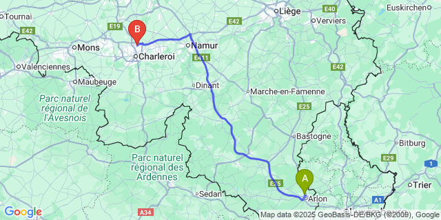 Map: Charleroi Airport Brussels South (CRL) to Viville