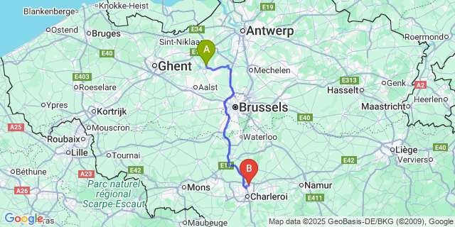 Map: Charleroi Airport Brussels South (CRL) to Vlassenbroek