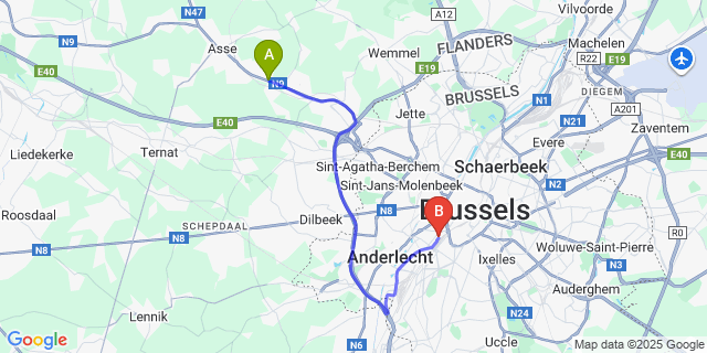 Map: Brussels Midi Train Station to Walfergem