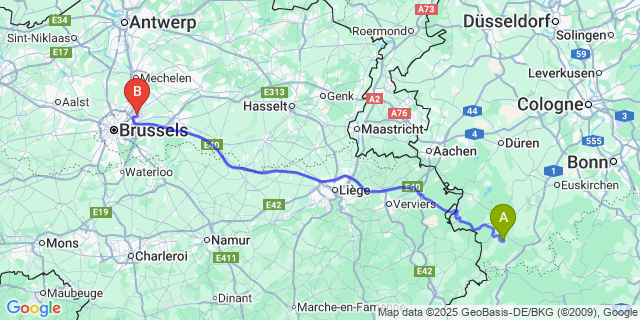 Map: Brussels Zaventem Airport (BRU) to Wildenburg