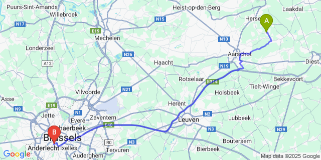 Map: Brussels Midi Train Station to Wolfsdonk