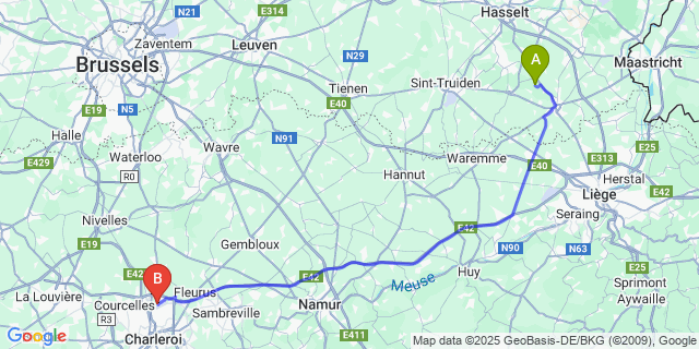Map: Charleroi Airport Brussels South (CRL) to Zammelen