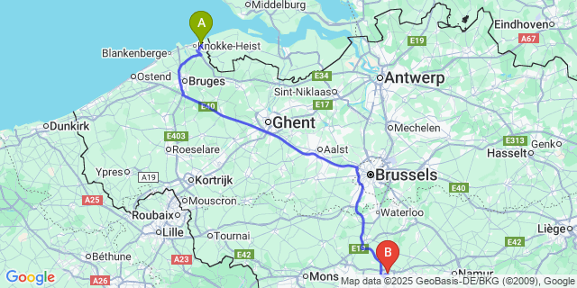 Map: Charleroi Airport Brussels South (CRL) to Zevenkote