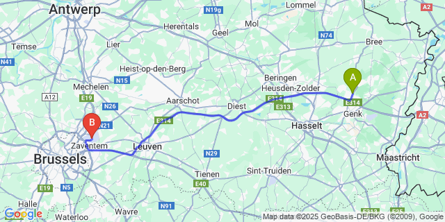 Map: Brussels Zaventem Airport (BRU) to Zwartberg