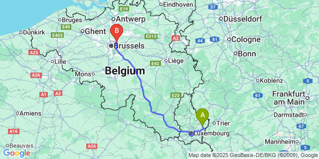 Map: Brussels Zaventem Airport (BRU) to Biwer