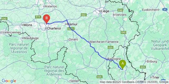 Map: Charleroi Airport Brussels South (CRL) to Feulen