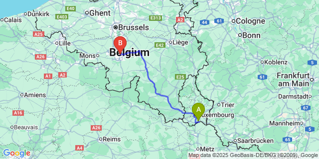 Map: Charleroi Airport Brussels South (CRL) to Frisange