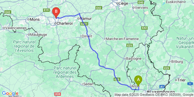 Map: Charleroi Airport Brussels South (CRL) to Koerich