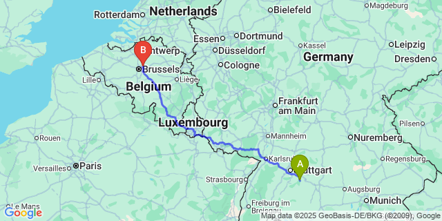 Map: Brussels Zaventem Airport (BRU) to Lenningen
