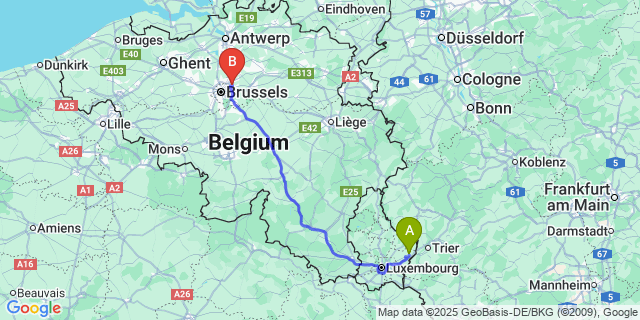 Map: Brussels Zaventem Airport (BRU) to Manternach