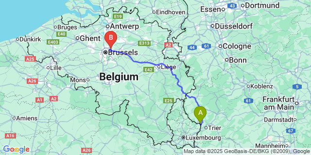 Map: Brussels Zaventem Airport (BRU) to Rosport