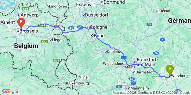 Map: Brussels Zaventem Airport (BRU) to Würzburg