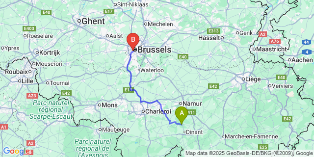 Map: Brussels Midi Train Station to Anhée