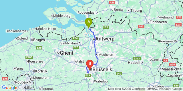Map: Brussels Midi Train Station to Berendrecht