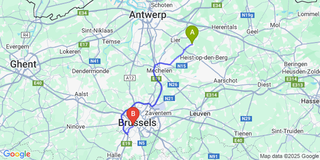 Map: Brussels Midi Train Station to Berlaar