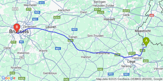Map: Brussels Midi Train Station to Berneau