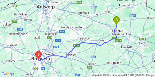 Map: Brussels Midi Train Station to Beverlo