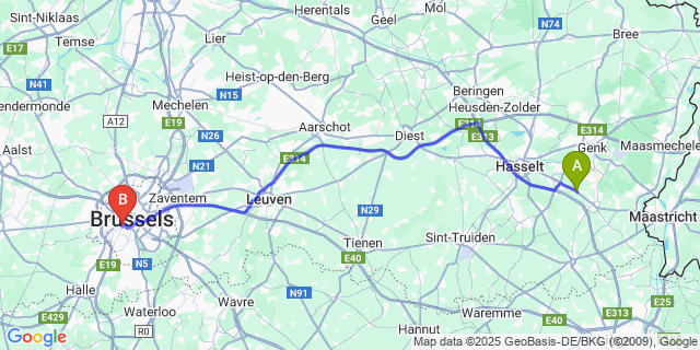 Map: Brussels Midi Train Station to Beverst