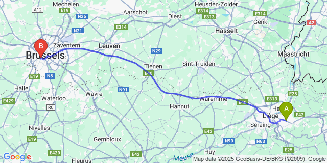 Map: Brussels Midi Train Station to Beyne-Heusay