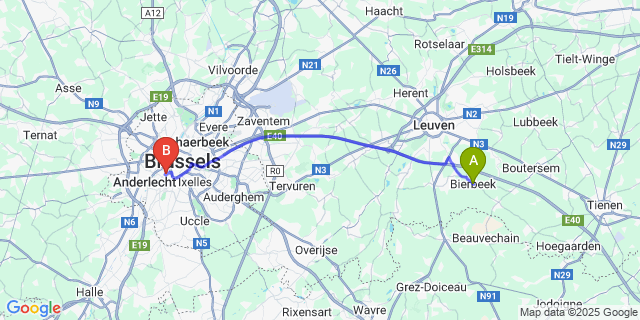 Map: Brussels Midi Train Station to Bierbeek