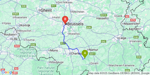 Map: Brussels Midi Train Station to Bioul