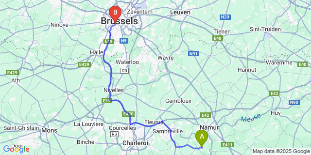 Map: Brussels Midi Train Station to Bois-De-Villers