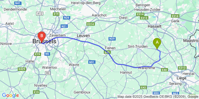Map: Brussels Midi Train Station to Borgloon
