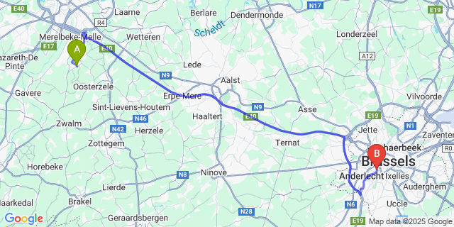 Map: Brussels Midi Train Station to Bottelare