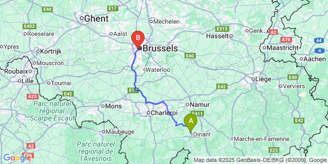 Map: Brussels Midi Train Station to Bouvignes-Sur-Meuse