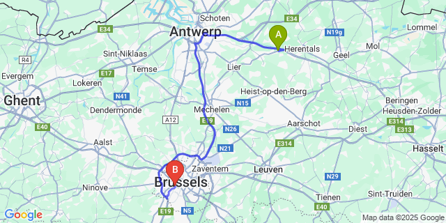 Map: Brussels Midi Train Station to Bouwel