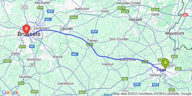 Map: Brussels Midi Train Station to Bressoux