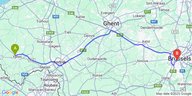 Map: Brussels Midi Train Station to Brielen