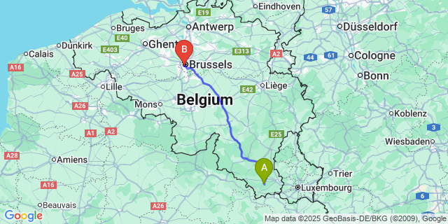 Map: Brussels Midi Train Station to Buzenol