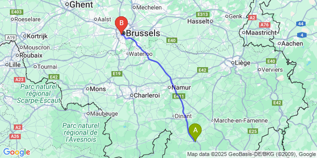 Map: Brussels Midi Train Station to Chanly