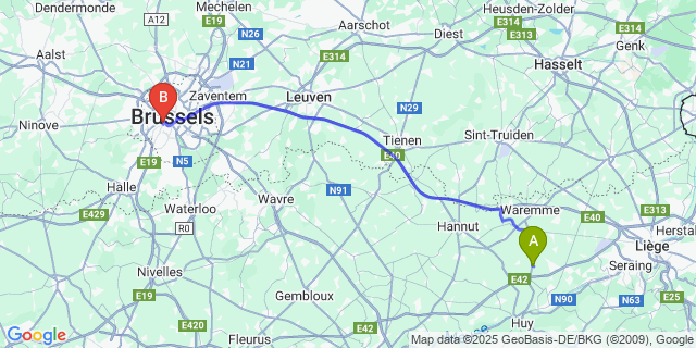 Map: Brussels Midi Train Station to Chapon-Seraing