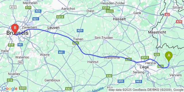 Map: Brussels Midi Train Station to Charneux