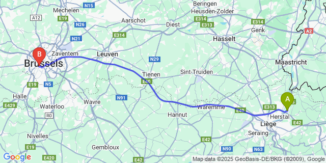 Map: Brussels Midi Train Station to Cheratte