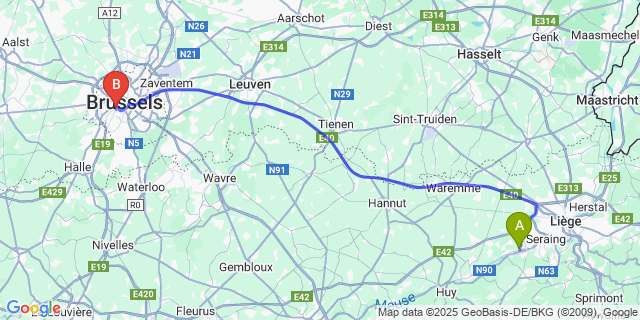 Map: Brussels Midi Train Station to Chokier