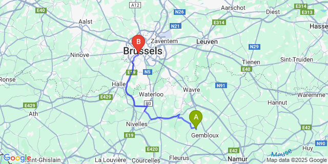 Map: Brussels Midi Train Station to Cortil-Noirmont