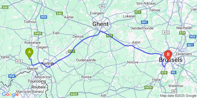 Map: Brussels Midi Train Station to Dadizele