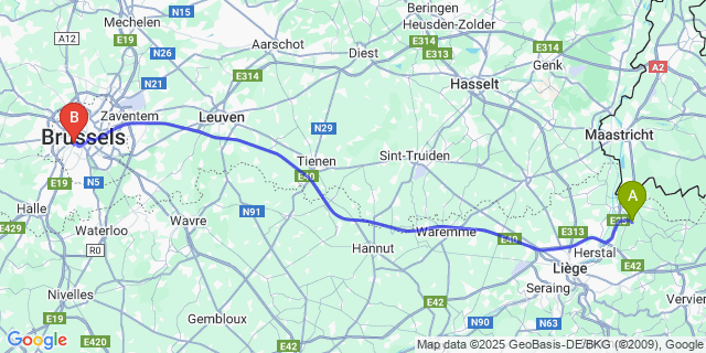 Map: Brussels Midi Train Station to Dalhem