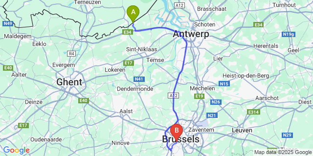 Map: Brussels Midi Train Station to De Klinge