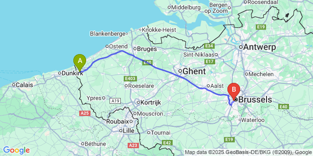 Map: Brussels Midi Train Station to De Moeren