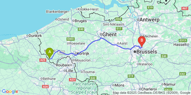 Map: Brussels Zaventem Airport (BRU) to Dranouter