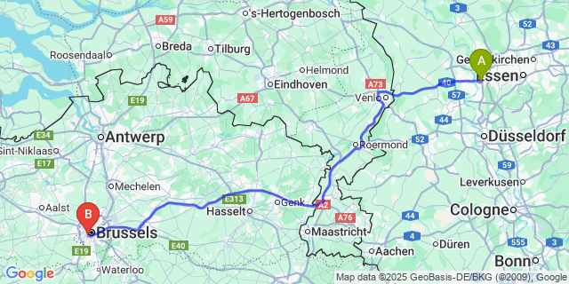 Map: Brussels Midi Train Station to Duisburg